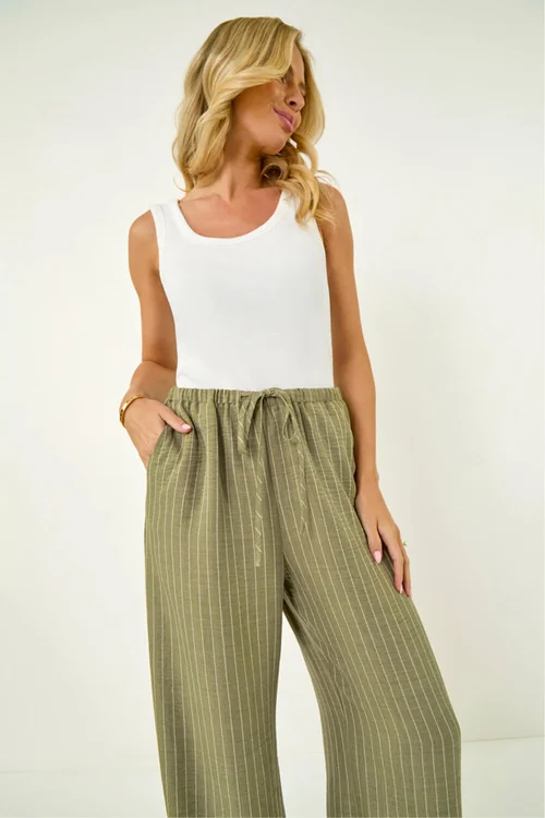 Roman Khaki Petite Stripe Pull On Stretch Trouser - 14 Image 1