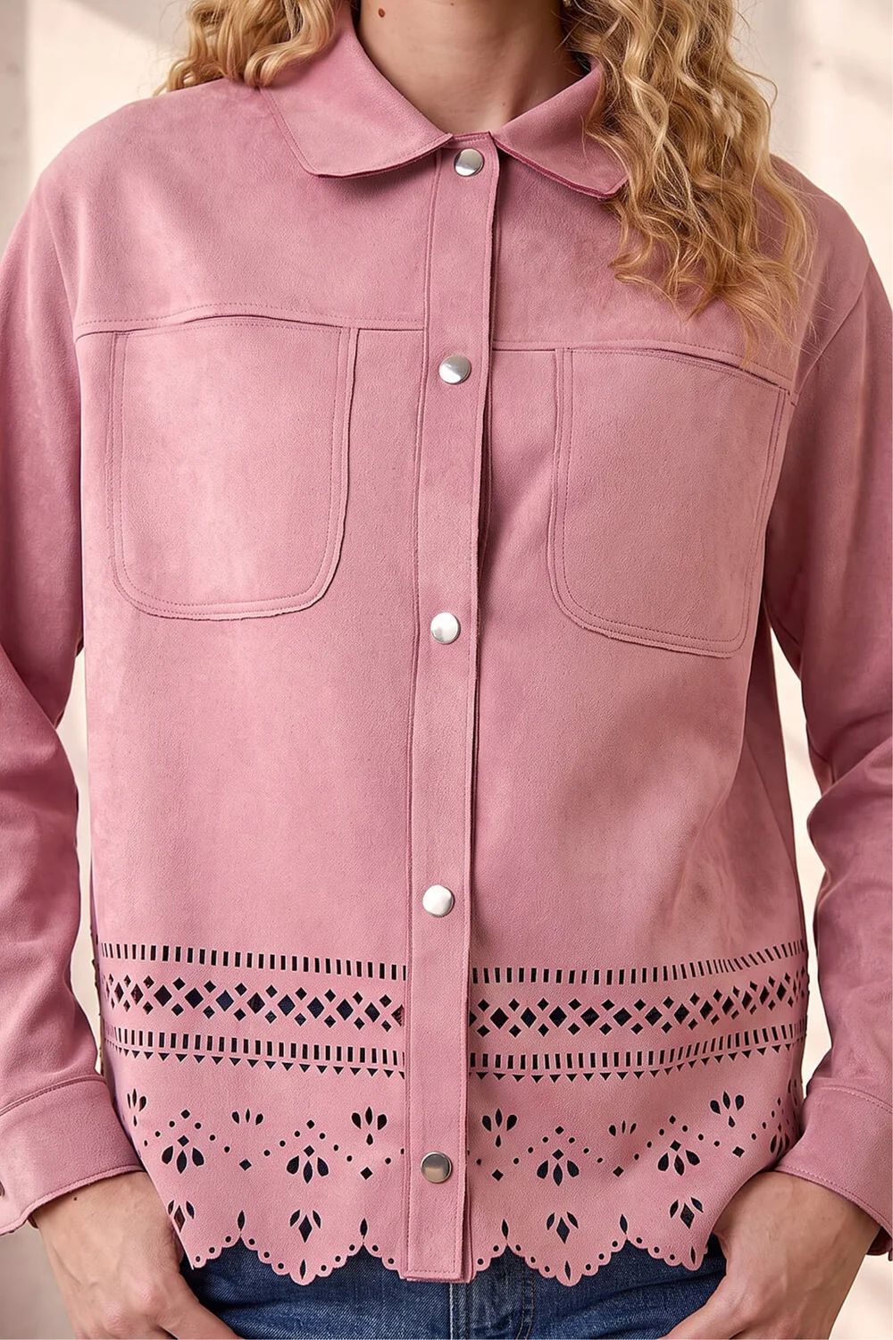 Roman Light Pink Faux Suede Cut Out Shacket - 14 Image 4