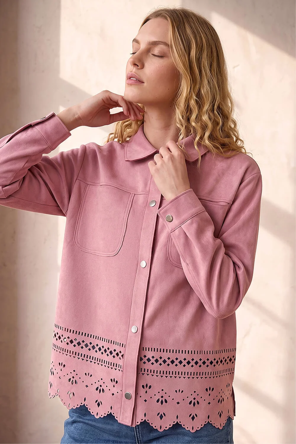 Roman Light Pink Faux Suede Cut Out Shacket - 14 Image 1