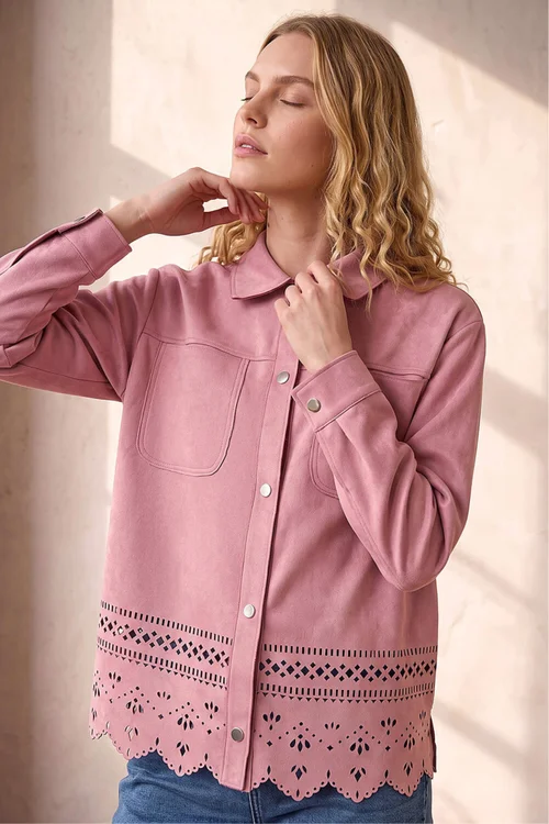 Roman Light Pink Faux Suede Cut Out Shacket - 14 Image 1