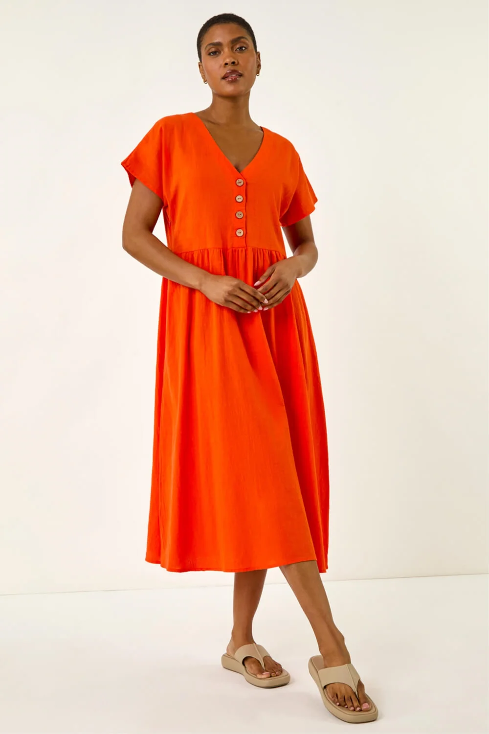 Roman Orange Linen Look Button Midi Dress - 10 | Matalan Roman Orange Linen Look Button Midi Dress - 10 | Matalan