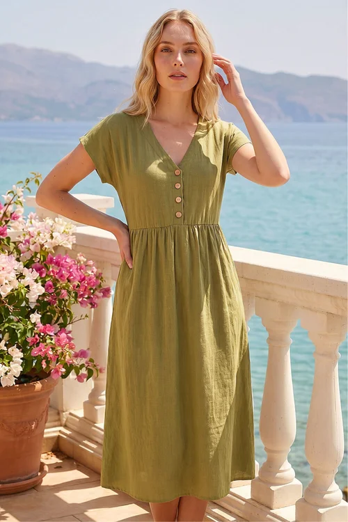 Roman Khaki Linen Look Button Midi Dress - 18 Image 2