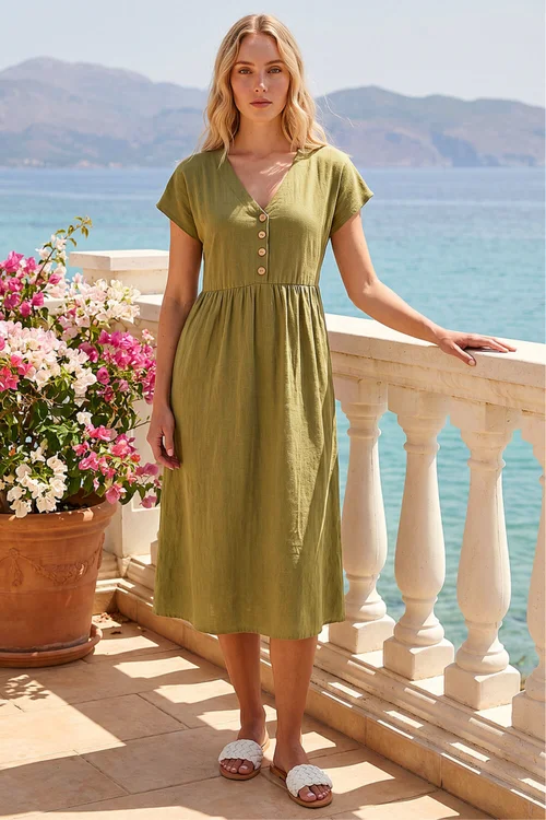 Roman Khaki Linen Look Button Midi Dress - 18 Image 1