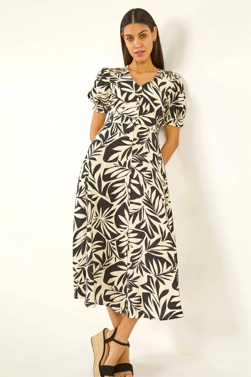 Roman Black Abstract Print Button Midi Dress - 10 Image 1