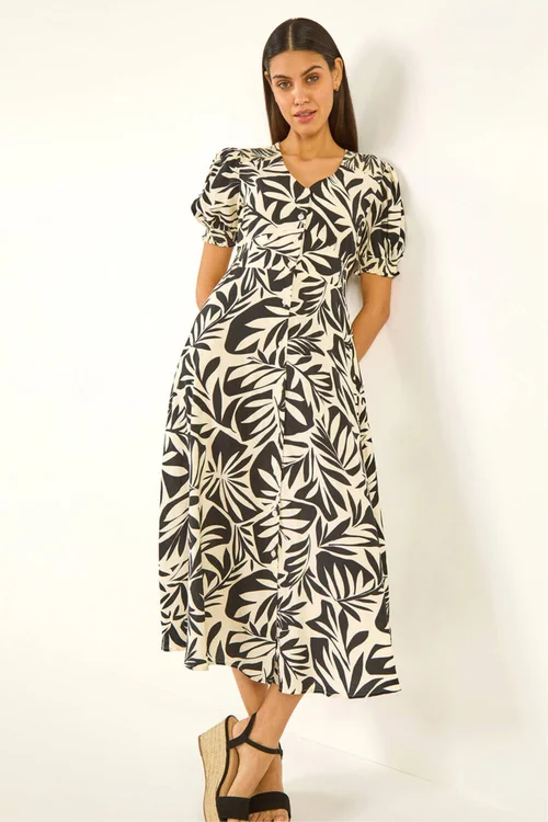 Roman Black Abstract Print Button Midi Dress - 10 Image 1