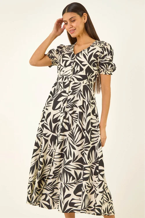 Roman Black Abstract Print Button Midi Dress - 10 Image 2