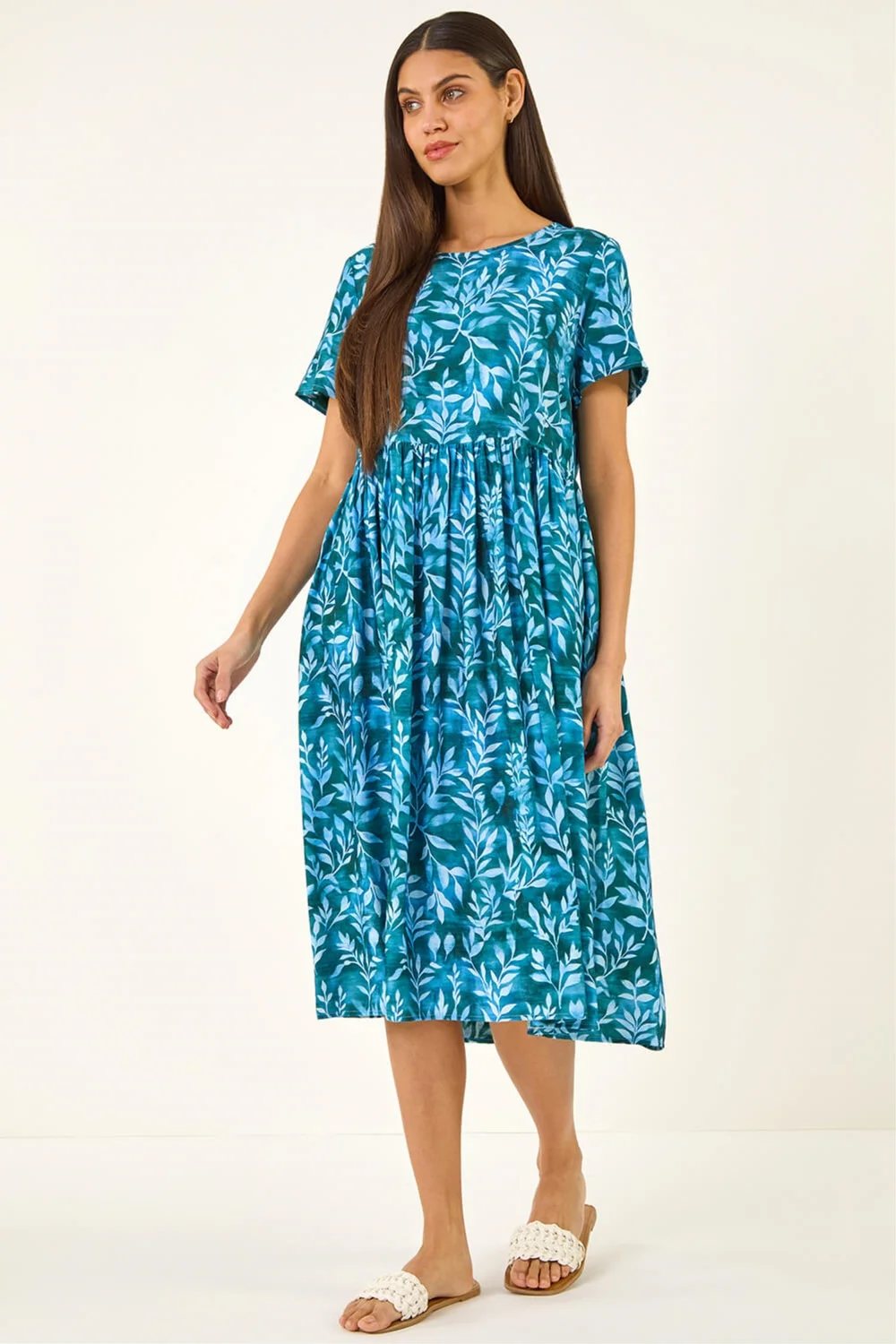 Roman Blue Leaf Print Smock Midi Dress - 14 Image 2