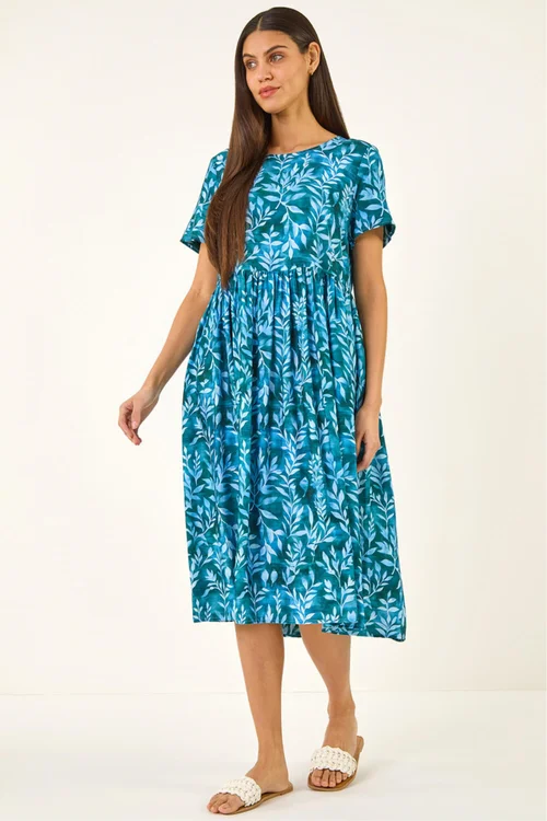 Roman Blue Leaf Print Smock Midi Dress - 14 Image 2