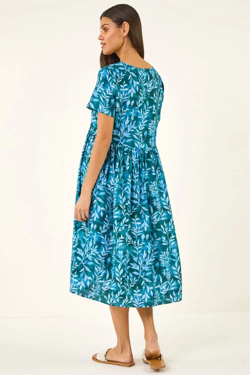 Roman Blue Leaf Print Smock Midi Dress - 14 Image 3