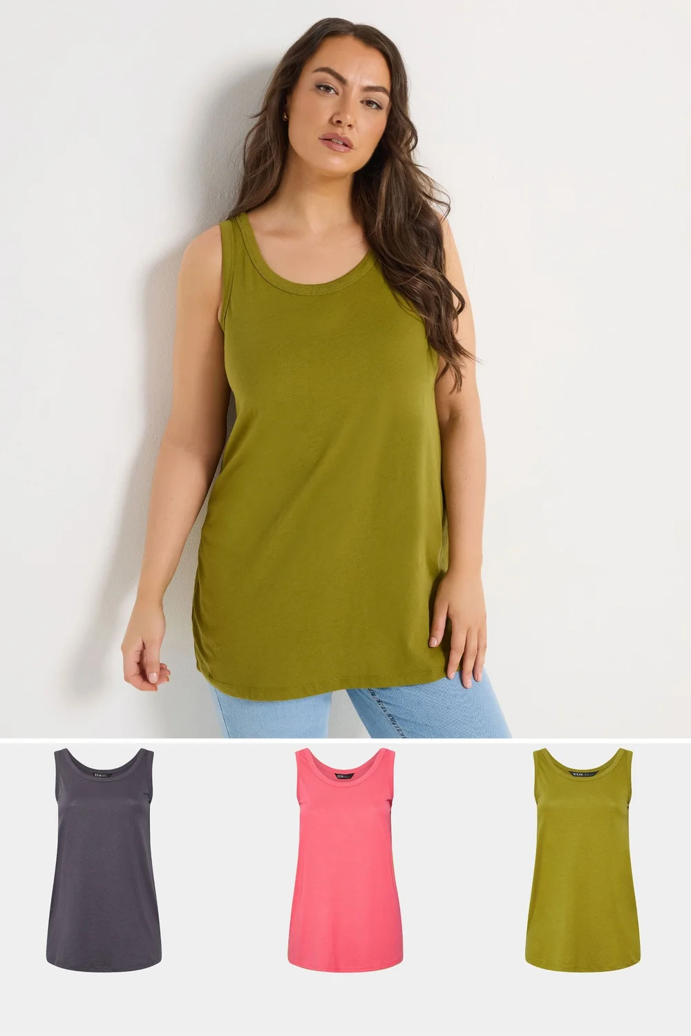 Yours 3 Pack Curve Grey & Green Core Vest Tops - 26-28 Image 2