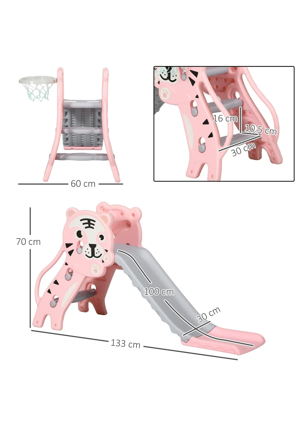 Homcom Pink Kids Slide With Basketball Hoop, Basketball, For Ages 18-36 Months - One Size Image 3