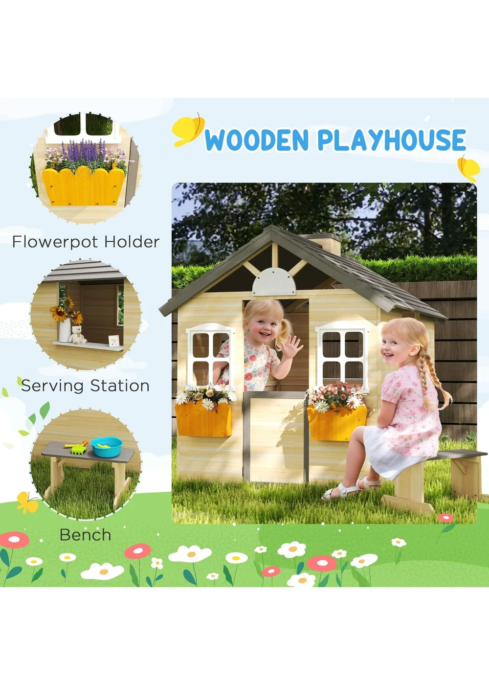 Outsunny Brown Wooden Kids Playhouse With Door, Windows, Bench, For Ages 3-7 Years - One Size Image 5