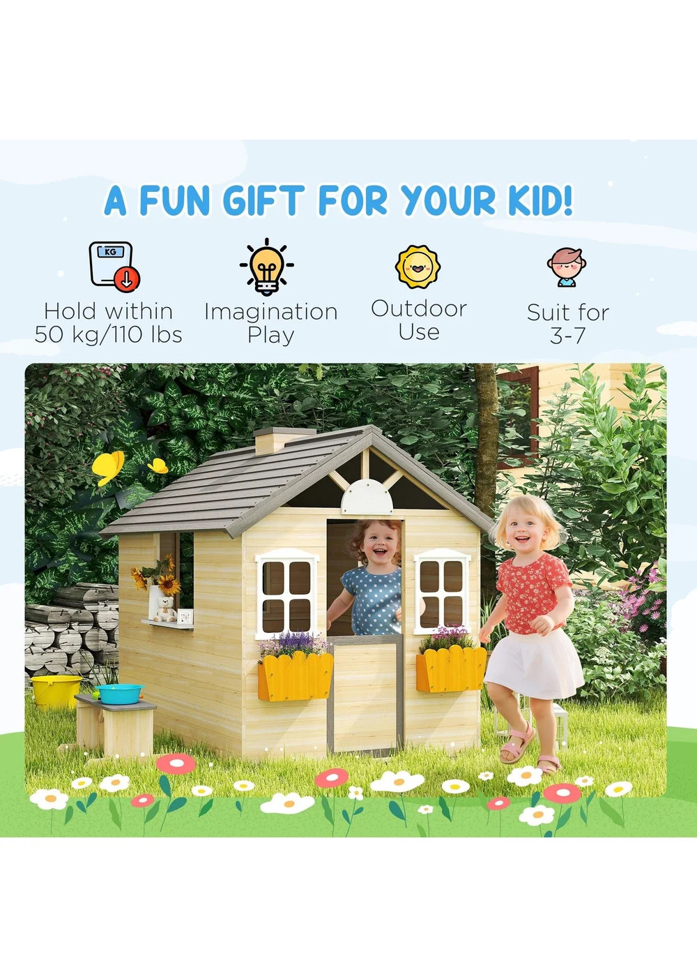 Outsunny Brown Wooden Kids Playhouse With Door, Windows, Bench, For Ages 3-7 Years - One Size Image 4