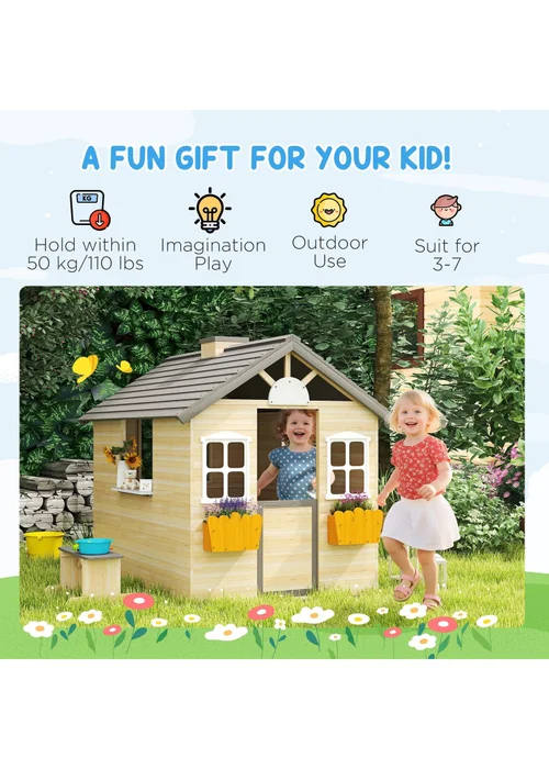 Outsunny Brown Wooden Kids Playhouse With Door, Windows, Bench, For Ages 3-7 Years - One Size Image 4