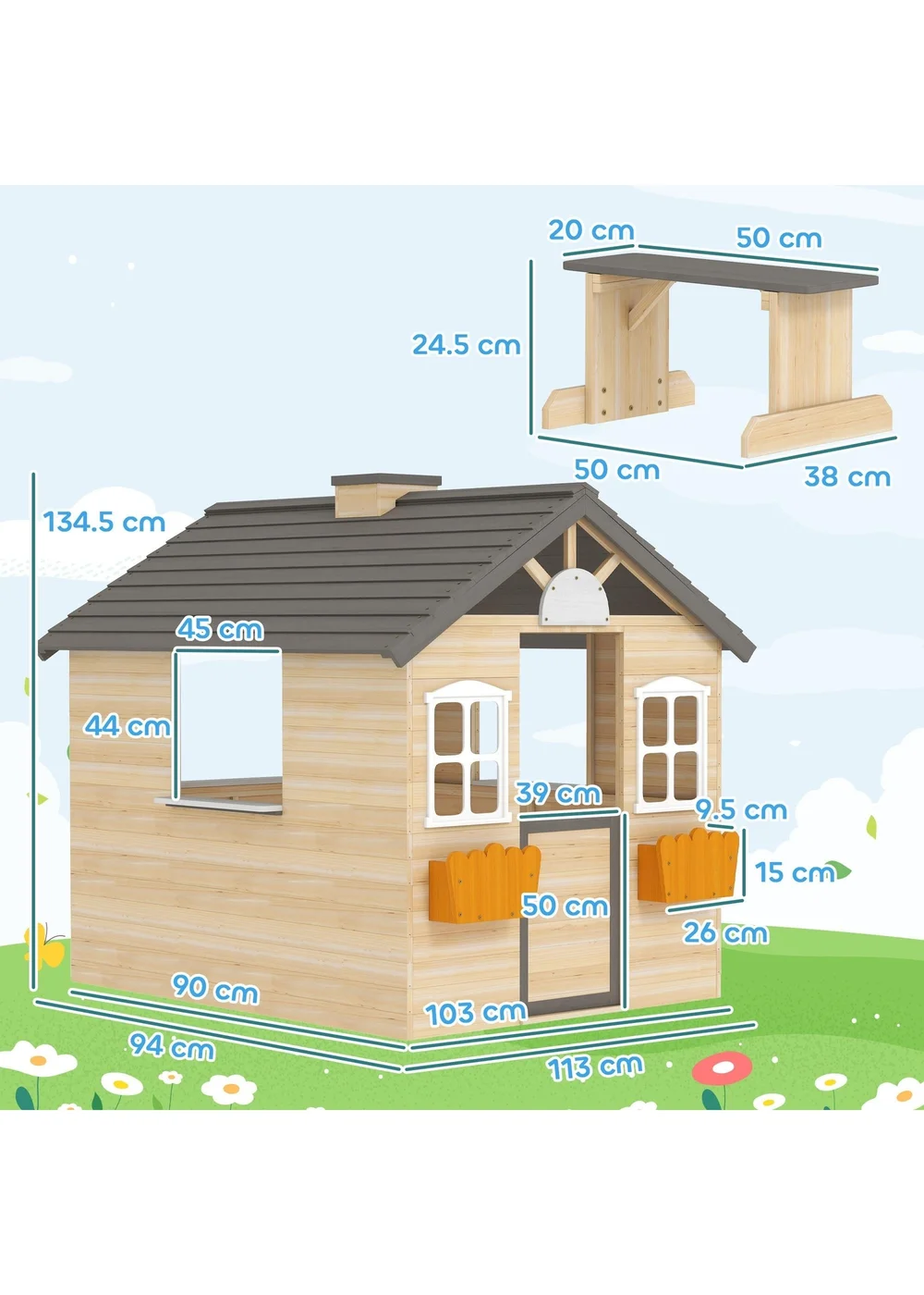 Outsunny Brown Wooden Kids Playhouse With Door, Windows, Bench, For Ages 3-7 Years - One Size Image 3