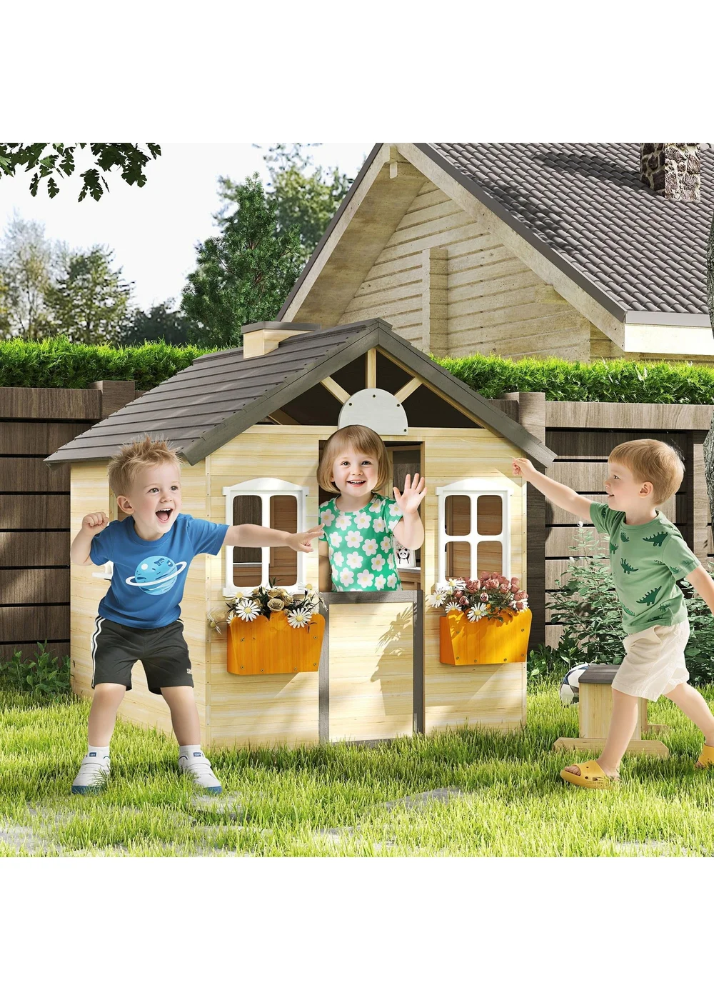 Outsunny Brown Wooden Kids Playhouse With Door, Windows, Bench, For Ages 3-7 Years - One Size Image 1