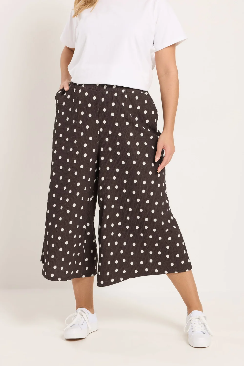 Yours Curve Chocolate Brown Polka Dot Textured Culottes - 26-28 Image 1
