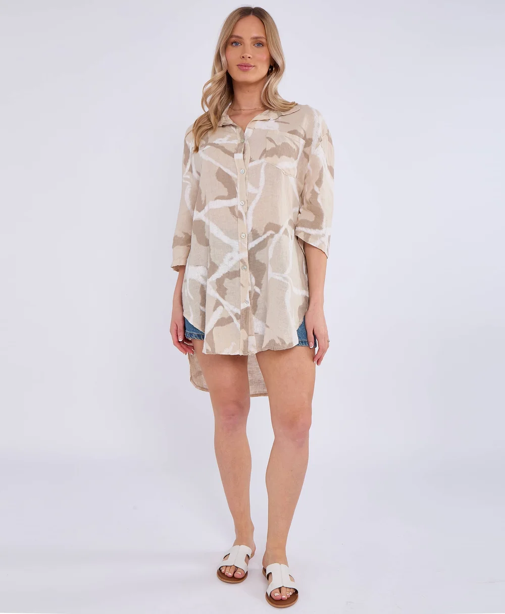 Gini London Beige Linen Abstract Print Mini Shirt Dress - S/M Image 1