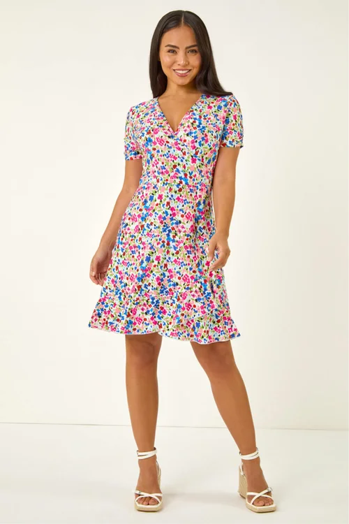 Roman Blue Petite Floral Frill Wrap Dress - 16 Image 2