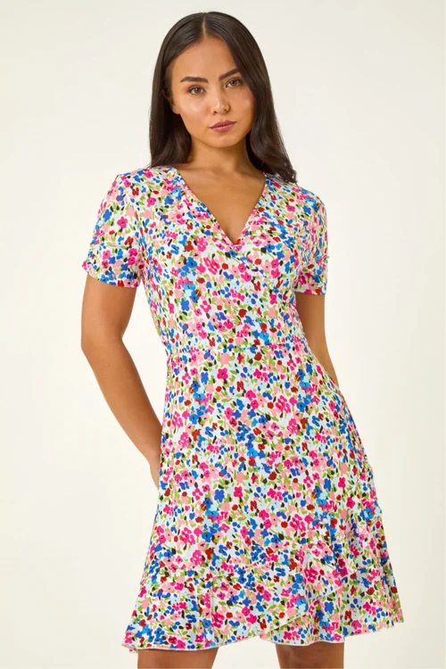 Roman Blue Petite Floral Frill Wrap Dress - 16 Image 1