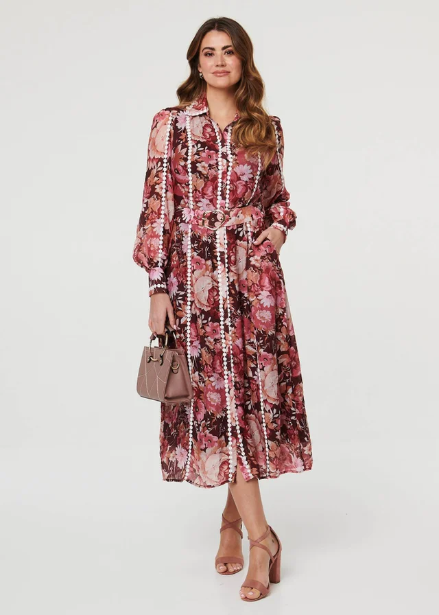 Izabel London Burgundy Floral Lace Detail Long Sleeve Maxi Dress