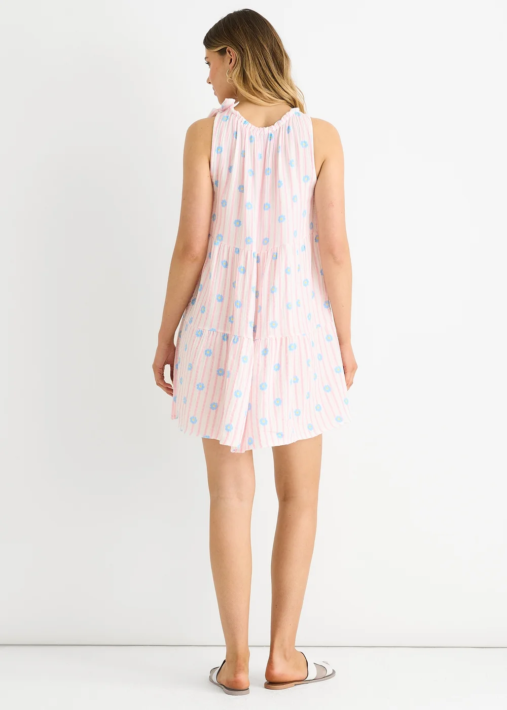 Gini London Pink Floral Stripe Cotton Tie Summer Mini Dress - M/L Image 2