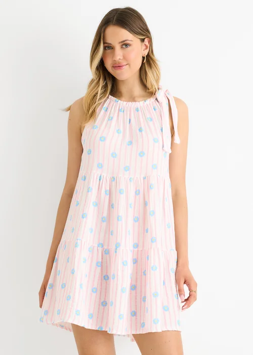 Gini London Pink Floral Stripe Cotton Tie Summer Mini Dress - M/L Image 3