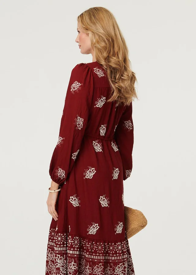 Izabel London Red Embroidered Long Sleeve Midi Dress