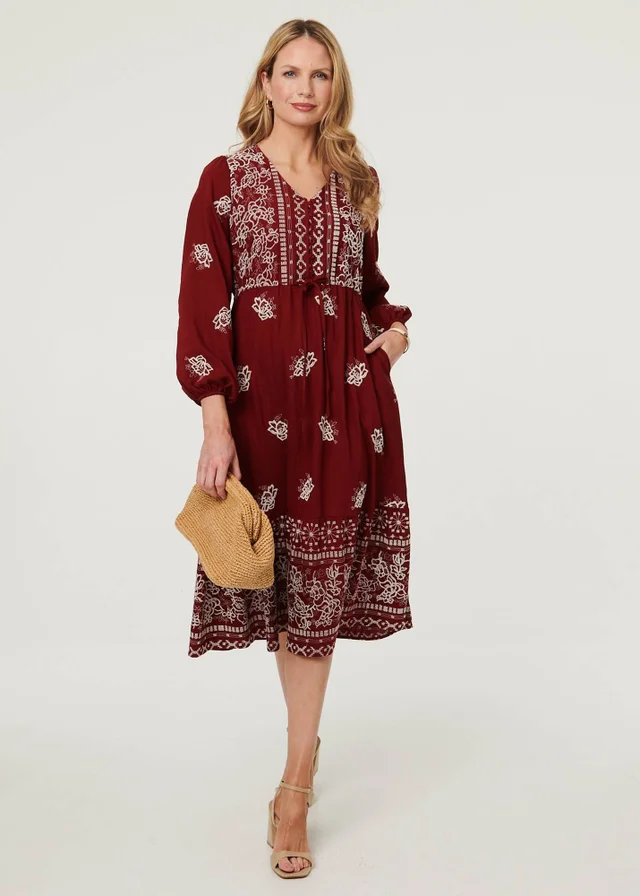 Izabel London Red Embroidered Long Sleeve Midi Dress