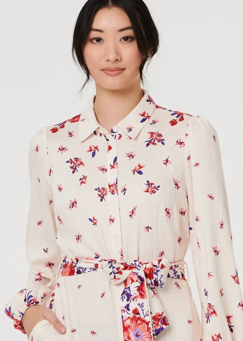 Izabel London Pink Floral Border Tie Waist Midi Shirt Dress - 14 Image 3