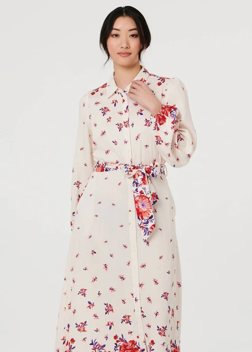 Izabel London Pink Floral Border Tie Waist Midi Shirt Dress - 14 Image 4