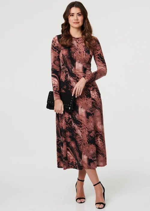 Izabel London Dusky Pink Abstract Long Sleeve Flared Midi Dress - 14 Image 1