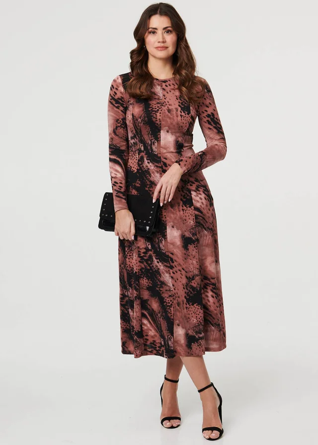 Izabel London Dusky Pink Abstract Long Sleeve Flared Midi Dress