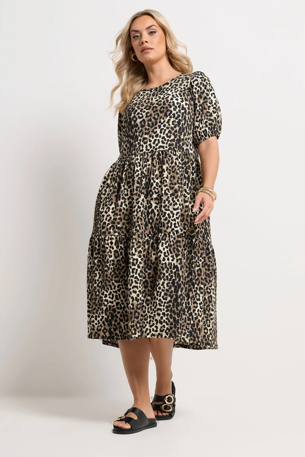 Yours Curve Natural Brown Leopard Tiered Midi Dress - 18 Image 3
