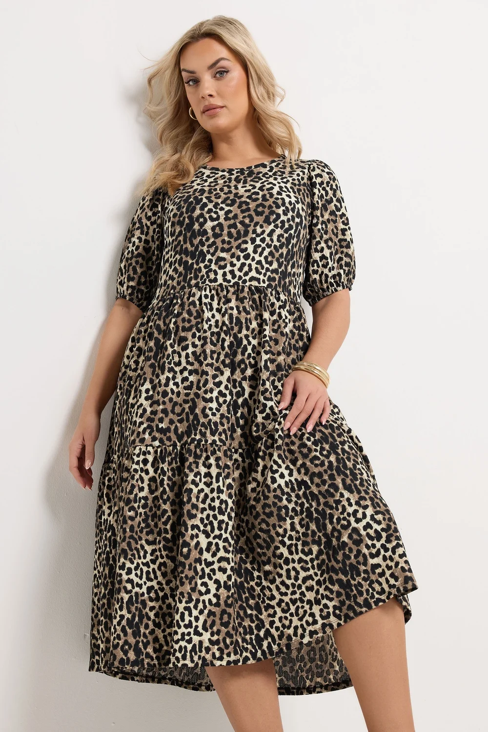 Yours Curve Natural Brown Leopard Tiered Midi Dress - 18 Image 1