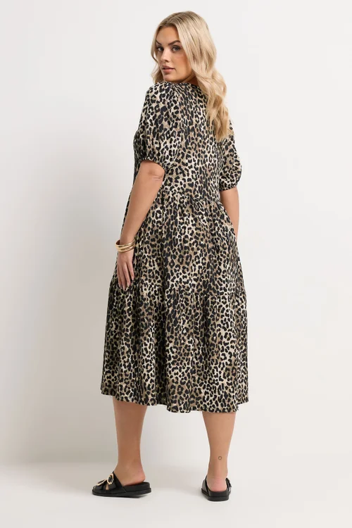 Yours Curve Natural Brown Leopard Tiered Midi Dress - 18 Image 5