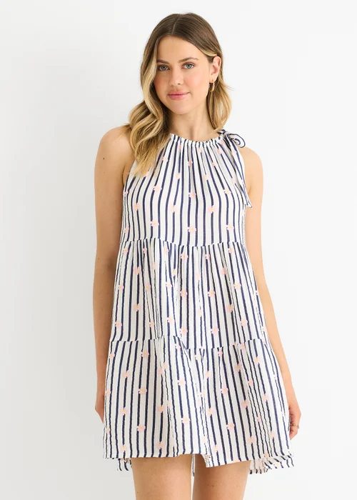 Gini London Navy Floral Stripe Cotton Tie Summer Mini Dress - L/XL Image 3