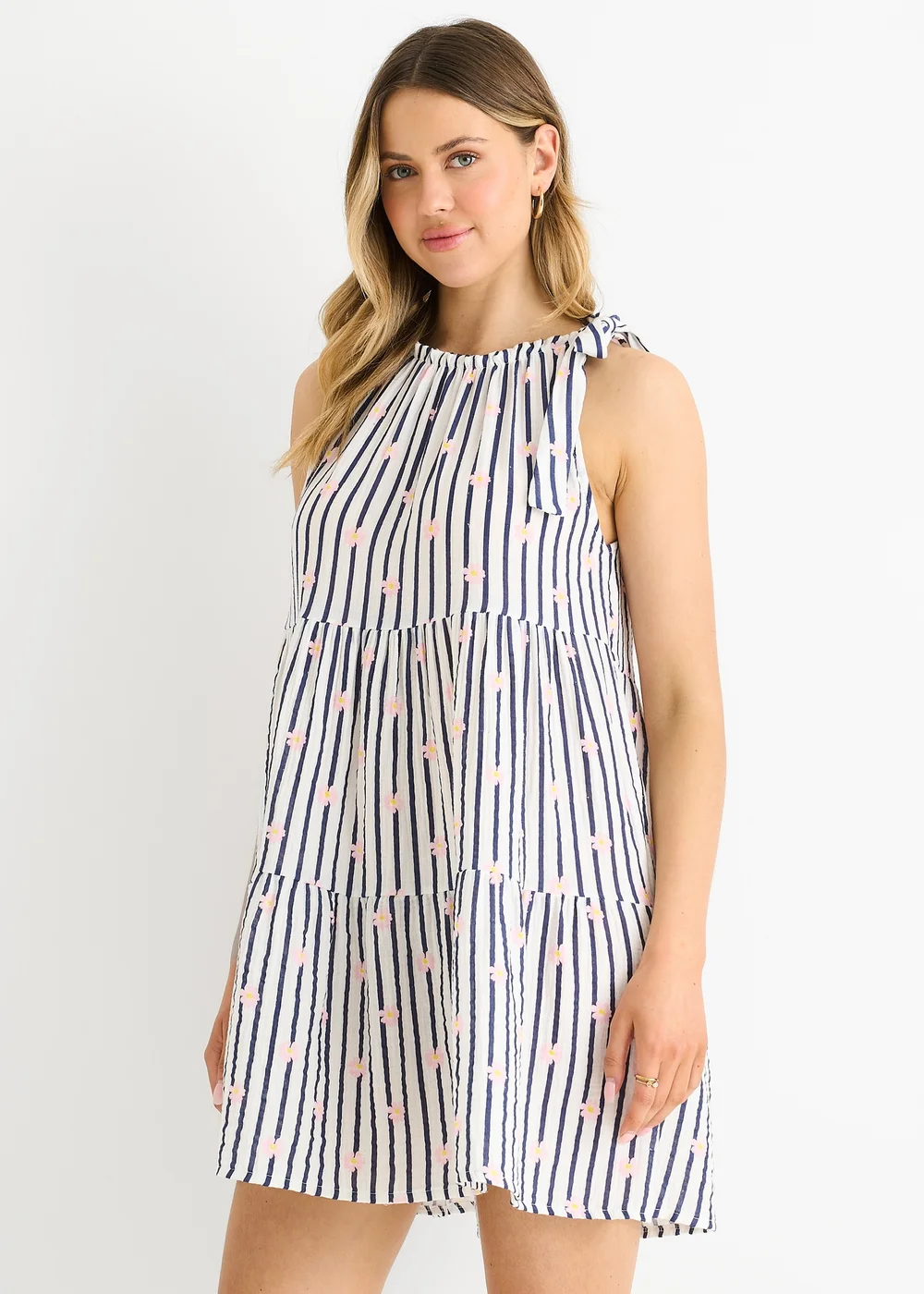 Gini London Navy Floral Stripe Cotton Tie Summer Mini Dress - L/XL Image 4