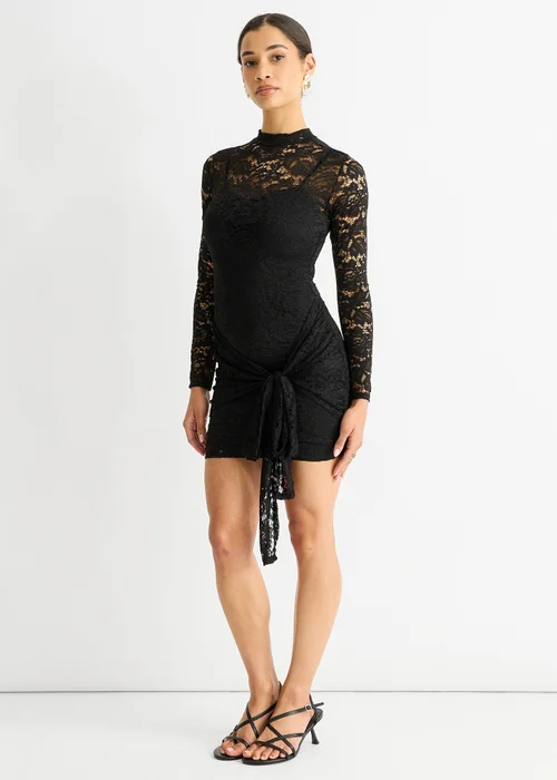 Gini London Black Stretch Lace Tie Front Side Bodycon Mini Dress - 8 Image 4