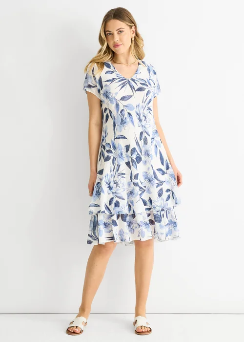 Gini London Blue Floral Print Cotton V Neck Dress - S/M Image 1