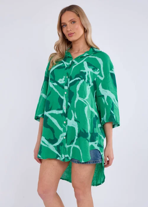 Gini London Green Linen Abstract Print Mini Shirt Dress - M/L Image 3