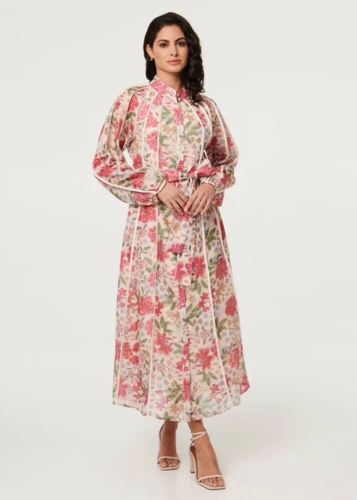 Izabel London Pink Floral Tie Waist High Neck Midi Dress - 10 Image 1