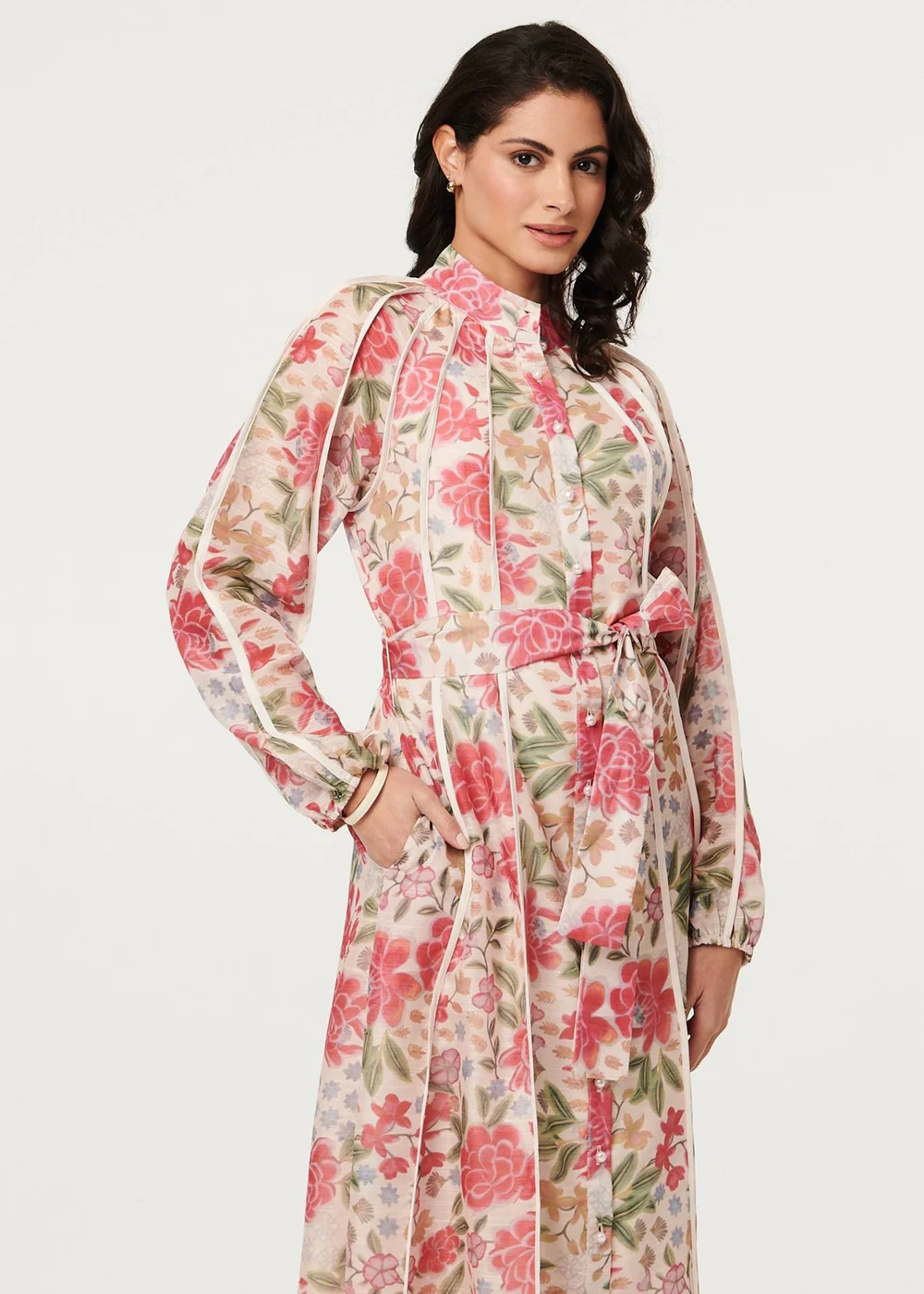 Izabel London Pink Floral Tie Waist High Neck Midi Dress - 10 Image 3