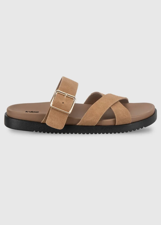 Totes Tan Suede Cross Strap Sandals