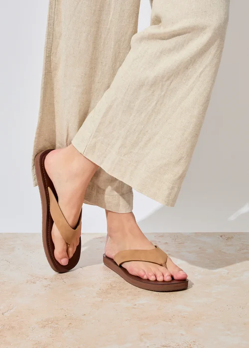 Totes Tan Square Toe Faux Suede Flip Flop Sandals - 4 Image 1