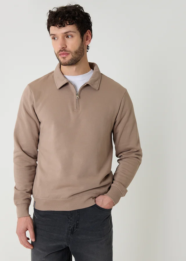 Threadbare Taupe Quarter Zip Collared Sweatshirt