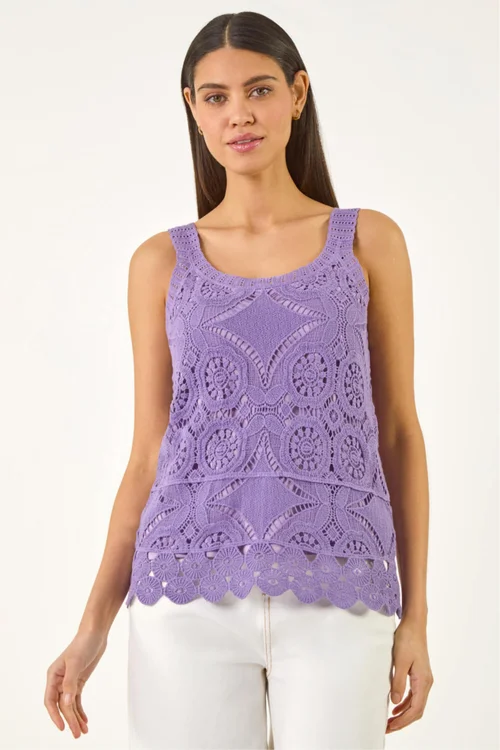 Roman Purple Cotton Crochet Knit Vest Top - 20 Image 1