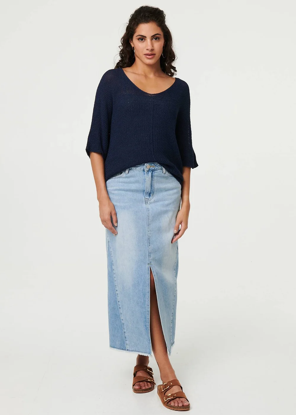 Izabel London Navy Sheer Mesh Texture 3/4 Sleeve Jumper - M Image 1