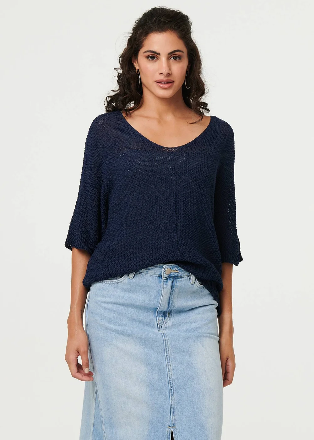 Izabel London Navy Sheer Mesh Texture 3/4 Sleeve Jumper - M Image 4