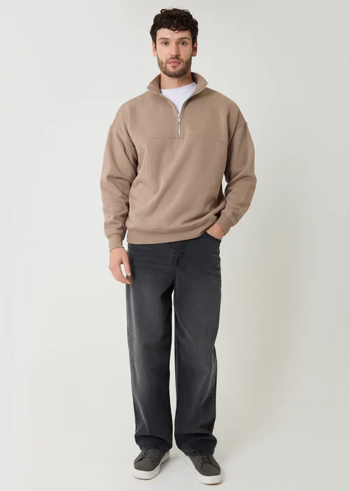 Threadbare Taupe Half Zip Sweatshirt - M Image 3